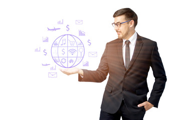 caucasian business man receiving hand on white background