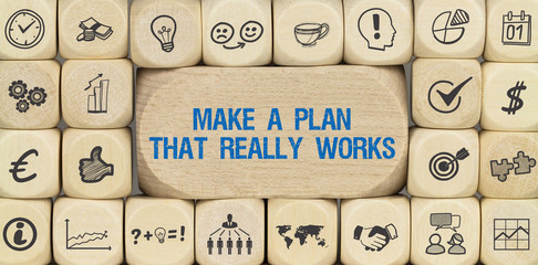 Make a Plan that really works! Würfel mit Symbole - obrazy, fototapety, plakaty