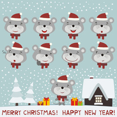 Merry christmas and Happy new year! Set face mouse for christmas decoration and new year design. Collection isolated heads of mouse in cartoon style.