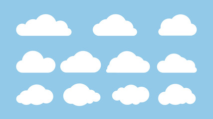 Set of clouds isolated on blue background. Flat vector illustration