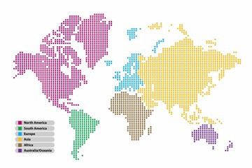 Pixel (Square) shape world map continent in Multicolor on white background, vector illustration.
