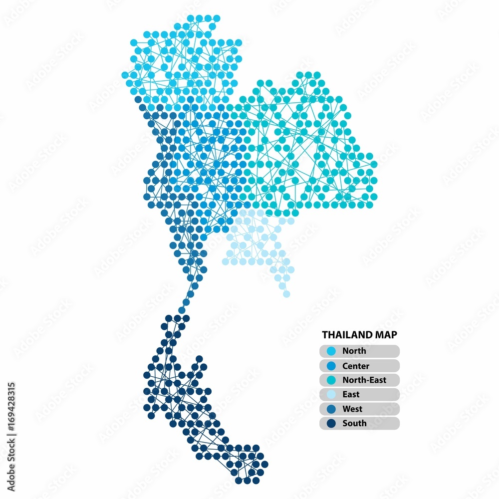 Poster thailand map of circle shape with the provinces colored in bright colors and lines network on white 