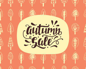 Autumn Sale banner with hand lettering and hand-drawn trees pattern background