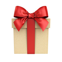 Gift box or present box with red ribbon bow isolated on white background. 3D rendering.