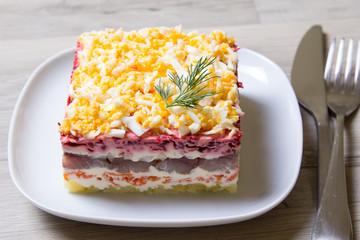 Herring under a Fur Coat. Traditional Russian multilayered salad from herring, beets, potatoes, carrots and eggs. Close-up, selective focus.