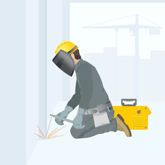 Welder at work. Figure in overalls. Construction site. Vector illustration.