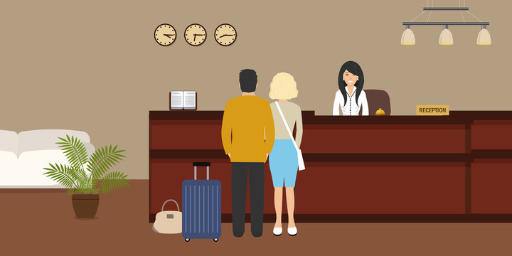 Hotel reception. Young woman receptionist stands at reception desk. There are also visitors here. Travel, hospitality, hotel booking concept. Vector illustration