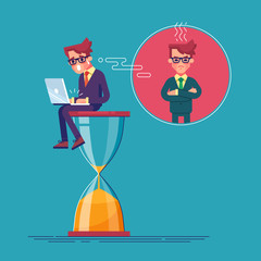 An alarmed worker is sitting on an hourglass with laptop and rushing to finish his project. Deadline.Time is running out. Business concept of time management and procrastination. Vector illustration.