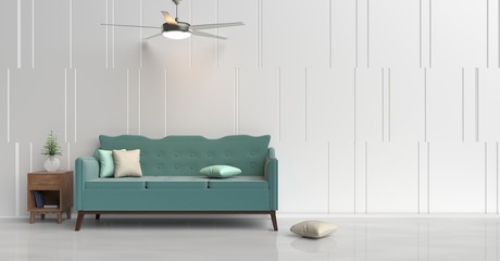 White room decorated with green sofa, tree in glass vase, green&cream pillows, Blue book, Wood bedside table, Ceiling Fan,  White cement wall it is grid pattern and white cement floor. 3d rendering.