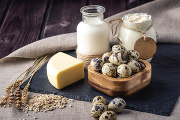 Eco farm products milk, cheese, sour cream, yogurt, eggs on dark wooden background. Concept of home made natural food