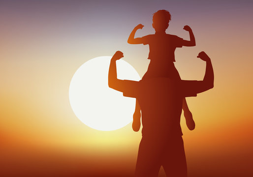 père - garçon - fils - enfant - homme - bonheur - porter - sur les épaules - coucher de soleil