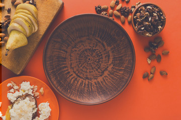 Healthy breakfast - cottage cheese, nuts and fruit