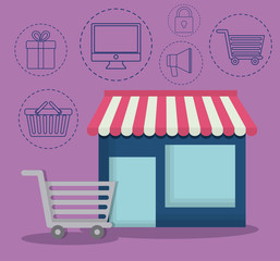 store and e-commerce related icons over purple background colorful design vector illustration