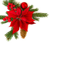 Christmas decoration. Flower of red poinsettia, branch christmas tree, christmas ball, red berry and cone spruce on a white background with space for text. Top view, flat lay