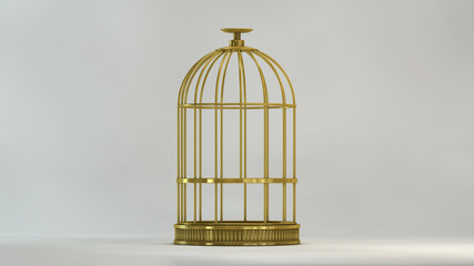 Cage gold in view front on white background metal vintage style prison concept symbol of freedom and release