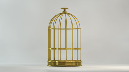 Cage gold in view front on white background metal vintage style prison concept symbol of freedom...