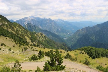 Naklejka premium Panoramic view of mountains and valley in the Theth National Park in Albania. Southeast Europe.