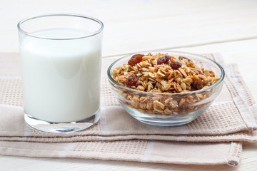Breakfast glass of milk and muesli with glass bowl
