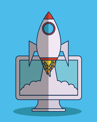 computer and space rocket icon over blue background colorful design vector illustration