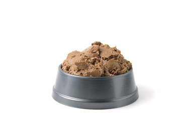 Wet food for dogs and cats  in bowl  on white background.