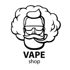 Hand-drawn hipster with mustache and beard. Man with vape and cloud. Electronic Cigarette. Vector. Stickers. logo. Emblem