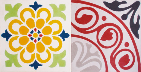 Detail of the traditional tiles from facade of old house. Decorative tiles.Spain traditional tiles. Floral ornament. 
