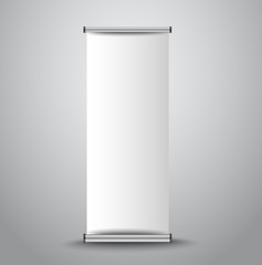 Roll up banner template isolated on grey gradient background. Separate shadow. Vector illustration.
