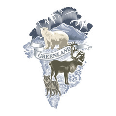Гренландия, остров, белый Медведь, северный Олень, полярный волк, леттеринг, иллюстрация, вектор