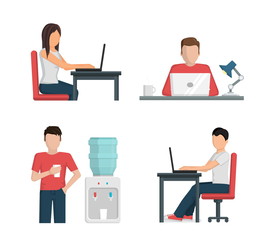Illustration set, people at work using laptop, having a break