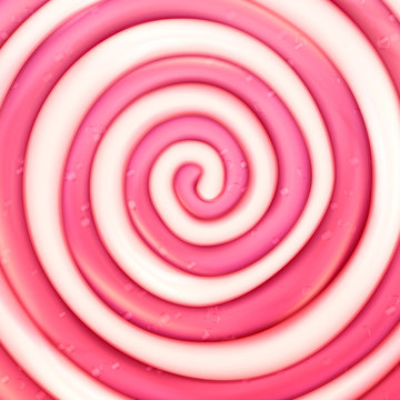 Round Pink Lollipop Vector Background. Classic Sweet Realistic Candy Abstract Spiral Illustration