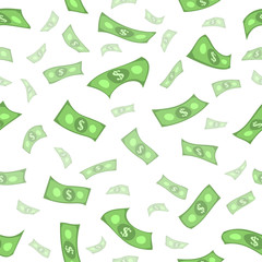 vector flat cartoon rain of dollars seamless pattern. Isolated illustration on a white background. Falling banknotes, cash. Big profits, income or credit , savings concept