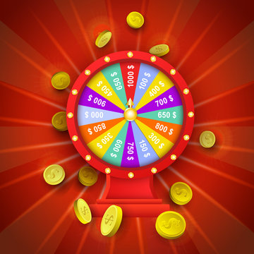 vector flat cartoon lucky wheel of fortune with golden coins around. Illustration on a red background. Sign of profit, easy money. Casino, gambling games design poster