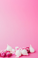 White meringues and roses buds at pink background