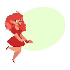 Vector fairy girl illustration on white background. Cute cartoon smiling child with butterfly wings wearing queen crown with bubble speech. Magic, flying kid holding magic star wand.