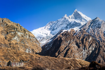 View of the Machapuchare, on the Annapurna Base Camp Trek, Nepal