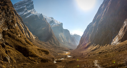 View from the Machapuchare, on the Annapurna Base Camp Trek, Nepal - obrazy, fototapety, plakaty
