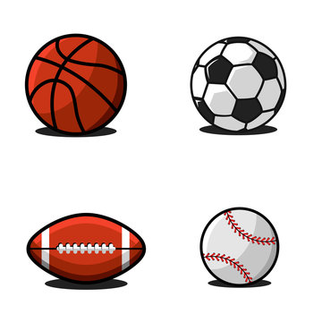Set of balls for football or soccer, basketball, american football or rugby, baseball. Collection of sports equipment colrful illustration in cartoon style for emblem or logo design.