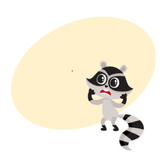 Cute raccoon character unpleasantly surprised, shocked, showing disbelief, cartoon vector illustration with space for text. Little raccoon holding head in paws from disbelief, feeling shock