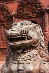 Fototapeta na wymiar Statue and decorations of the temples in Durbar square, Kathmandu, Nepal