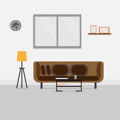 Home interior of a living room with brown sofa and furniture, Flat Scene Design Interior,Flat design illustration.