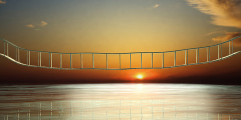 Fototapeta premium Bridge on sea and sky background at sunset. 3d illustration