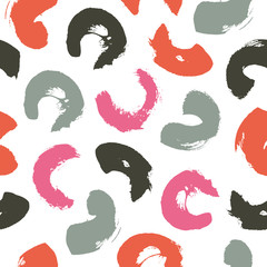 Seamless pattern with multicolors ink brushstrokes, black stains on white, background texture with artistic design elements