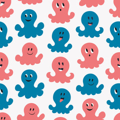 Fototapeta premium Small funny octopus. Cute smiling creatures. Vector seamless pattern, fun childish background