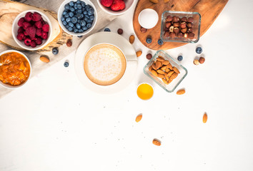 Good morning, healthy breakfast with text space top view