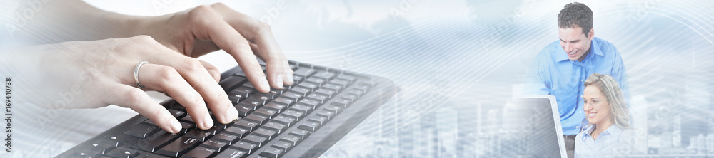 Aufkleber hands typing on computer laptop.