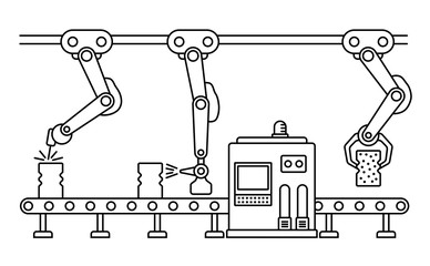 Thin line style assembly line. Automatic production conveyor. Robotic industry concept. Vector illustration.