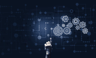 Glowing cogwheel mechanism icon on dark background as symbol of 