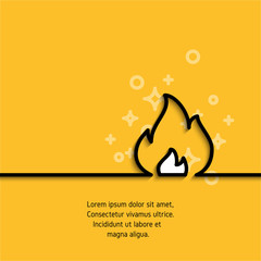 Fire icon drawing in linear style on yellow background with sample text. Banner witn flame silhouette. Sticker sign for your design needs