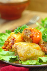 Baked peppers stuffed with meat, rice and vegetables