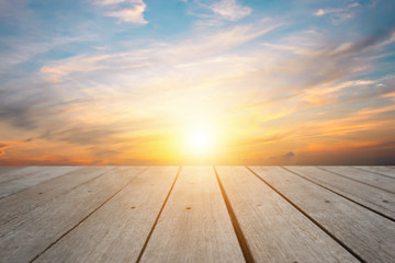 Top wood background in sunset sky